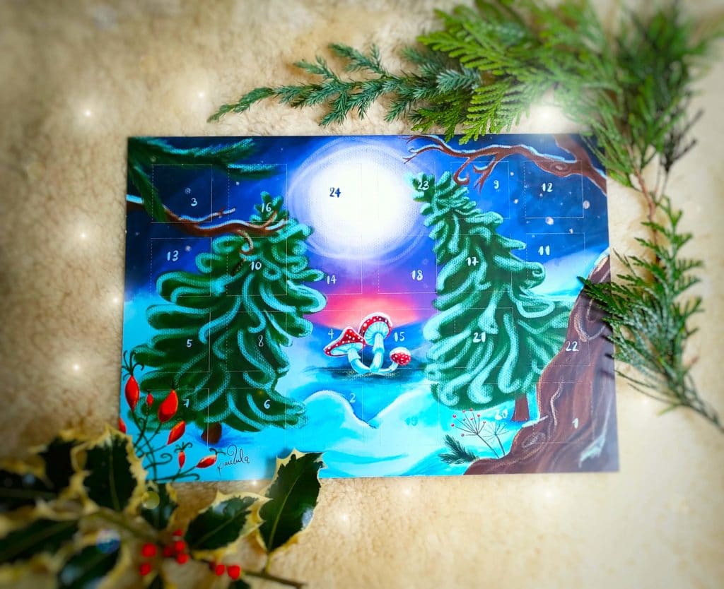 Adventskalender Fell flatlay lichter