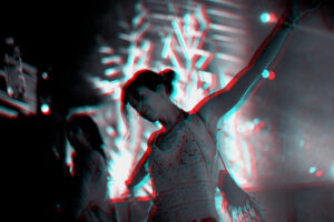 woman dancing music festival double color exposure effect