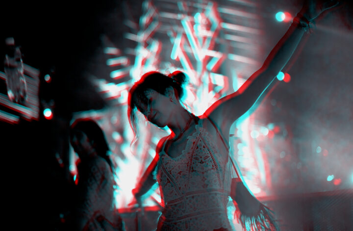 woman dancing music festival double color exposure effect